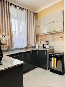 eine Küche mit dunkelgrünen Schränken und einem Fenster in der Unterkunft Vera's Luxury Home Near Speke Resort Munyonyo in Munyonyo