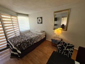 1 dormitorio con cama y espejo en Avenida Suites, en Santiago