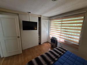 1 dormitorio con 1 cama, TV y ventana en Avenida Suites, en Santiago