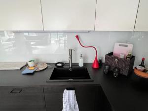 un bancone della cucina con lavandino e lampada rossa di Kazanlak LARGE GUEST HOUSE Apartment near Center with Full Kitchen & Dining Room, King Beds, Garden Patio, Free Parking & Self Check-in Top Value! a Kazanlŭk