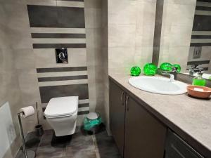 a bathroom with a white toilet and a sink at Large Guest House Apartment with Parking and Patio Garden, Near City Center & Kazanlak Stadium in Kazanlŭk