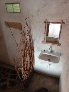 a bathroom with a sink and a window and a plant at Tetebatu Jungle Vibes in Tetebatu