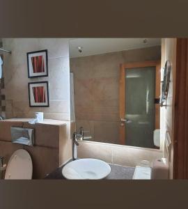a bathroom with a toilet and a sink and a mirror at HOTEL FLAMINGO in Jaipur