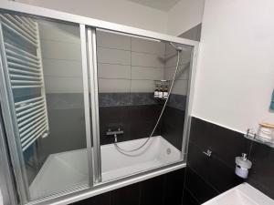 a shower with a glass door in a bathroom at Forest Park Garden Apartment in Bratislava +26 photos