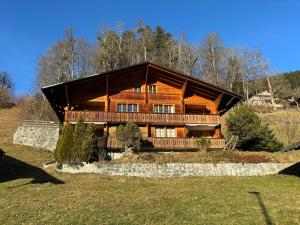 a large wooden house in the middle of a field at Ferienwohnung im Chalet Bergruh - Hasliberg Reuti in Hasliberg