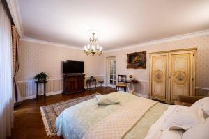 a bedroom with a bed and a flat screen tv at Apartament Boem în Inima Oraşului Craiova in Craiova