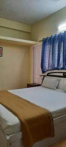 Schlafzimmer mit einem großen Bett und blauen Vorhängen in der Unterkunft Sathya Service Apartment in Chennai