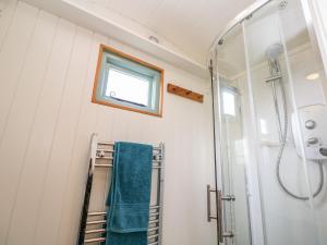 a bathroom with a shower and blue towels at Lower Trewern Shepherds Hut in Penzance