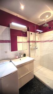 La salle de bains est pourvue d'un lavabo blanc et d'une douche. dans l'établissement SUNSET GARDEN - Roof Top 45 m2 Vue Mer / Cap Canaille, à Cassis