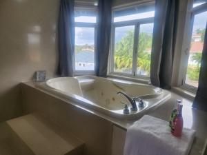 a bathroom with a sink and a window at Beautiful Battersea Lodge in Mandeville