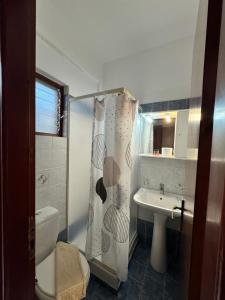 a bathroom with a toilet sink and a shower curtain at Olive Grove in Plakias