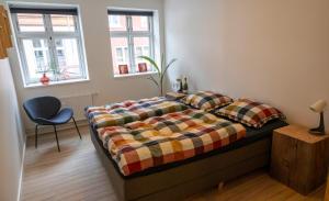 um quarto com uma cama, uma cadeira e 2 janelas em Hyggelig byhus i stueplan med solrig gårdhave em Svendborg