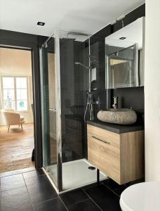 a bathroom with a glass shower and a sink at Charming Bohemian central app in Antwerp