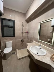 La salle de bains est pourvue d'un lavabo, de toilettes et d'un miroir. dans l'établissement Privado Residence by the LOFT, à Madinaty