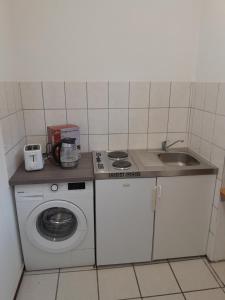 a small kitchen with a washing machine and a sink at Apartment Villa Nähe Bahnhof in Heide