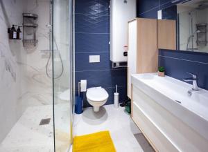 a bathroom with a toilet and a sink and a shower at SAULSTICE, Appartement cosmique hyper centre in Auxerre