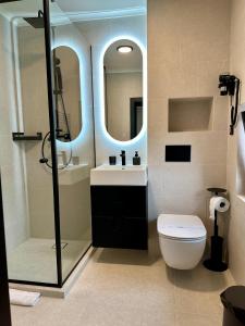 a bathroom with a toilet and a sink and a mirror at Panoramic Cetatuie in Cluj-Napoca