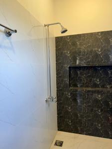 a bathroom with a shower with a black marble wall at Superior Villa in Mirpur city Azad kashmir 