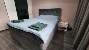 una camera da letto con un letto con due asciugamani verdi di Alexander Home a Gotse Delchev Altre 5 foto