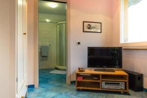 a bathroom with a television on a table and a shower at Al Cedro Terrazza sul Monferrato con Idromassaggio in Grazzano Badoglio