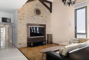 ein Wohnzimmer mit einem Kamin und einem Sofa in der Unterkunft Jacuzzi Penthouse with wide Sea View in Natanya in Netanya