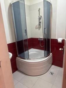 La salle de bains est pourvue d'une douche et de carrelage rouge. dans l'établissement Hotel Shalimar, à Tbilissi