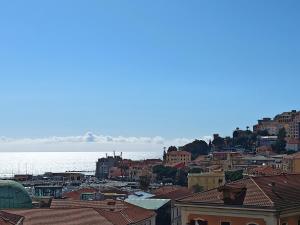 une ville avec des bâtiments et l'océan en arrière-plan dans l'établissement Hotel Miramare, à Imperia