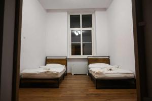 2 Betten in einem Zimmer mit Fenster in der Unterkunft Apartament w Centrum Kalisza in Kalisz