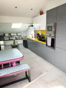 a large kitchen with a table and a stove at LE RELAIS DES COLS in Cozzano