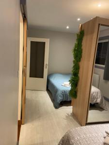 uma sala com um quarto com uma cama e um espelho em Charmant T2 tout équipé RDC em Bourg-de-Péage