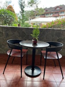 uma mesa e duas cadeiras com um vaso de plantas num pátio em Private Unit at The Camp John Hay Manor em Baguio