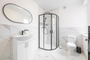 een badkamer met een douche, een toilet en een wastafel bij Bliss Stay Belfast: The Mount in Belfast