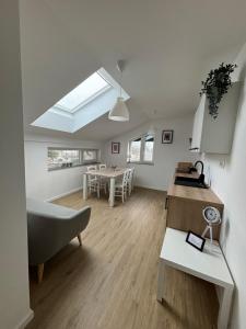 a kitchen and living room with a skylight at Apartmaji Čepon in Ljubljana