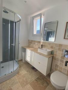 a bathroom with a shower and a toilet and a sink at Chez Nous - Studio in La Môle