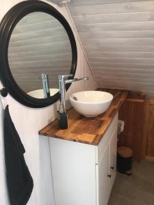 a bathroom with a sink and a mirror on a counter at Appartement dans grange in Aucun
