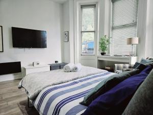 ボーンマスにあるStylish Apartment in Victorian Conversion FREE PARKING & PRIVATE PATIO Close to Beach Town Centre & BICのベッドルーム(ベッド1台、薄型テレビ付)