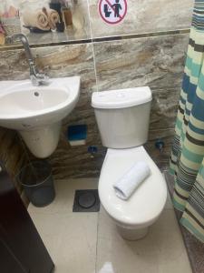 uma casa de banho com um WC branco e um lavatório. em Badr pyramids inn em Cairo