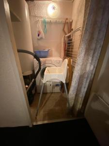 een kleine badkamer met een wastafel en een wasmachine bij Residence Montlosier in Le Mont-Dore
