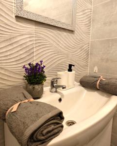 een wastafel met handdoeken en een spiegel bij DáMa Apartments in Eger