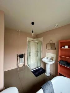 a bathroom with a shower and a sink at The Snug in Fordingbridge