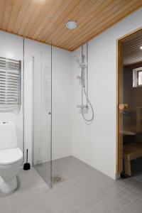 Un baño con inodoro y ducha de cristal. en New 2BR design home with sauna Espoo Park, en Espoo