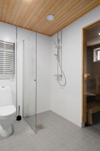 a bathroom with a toilet and a glass shower at New 2BR design home with sauna Espoo Park in Espoo