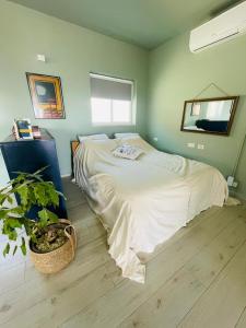 a bed in a bedroom with a potted plant at בין הר ובין ים in Ovnat