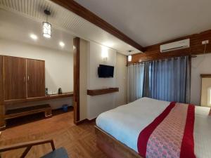 um quarto de hotel com uma cama e uma televisão em Royal Tiger Luxury Resort em Sauraha