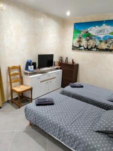 1 dormitorio con 2 camas y escritorio con ordenador en Villa Les Marmottes, en Le Luc