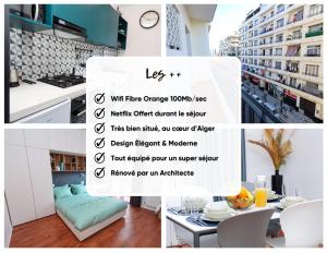 eine Collage mit Fotos von einer Küche und einem Esszimmer in der Unterkunft Élégance et Confort au Cœur d'Alger in El Madania
