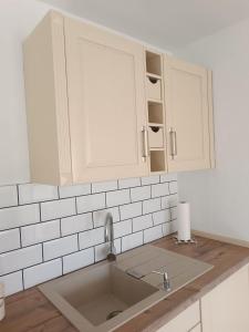 a kitchen counter with a sink and a cupboard at Haus am Wanderweg in Niederdürenbach