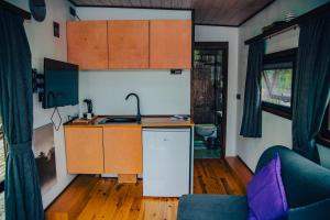 una cocina en una casa pequeña con fregadero y armarios en Danzi camping tiny house en Rize