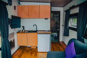 a kitchen in a tiny house with a sink and cabinets at Danzi camping tiny house in Rize