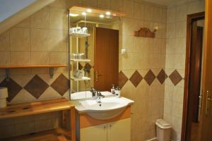 La salle de bains est pourvue d'un lavabo et d'un miroir. dans l'établissement Tourist Farm Kladje, à Ljubno